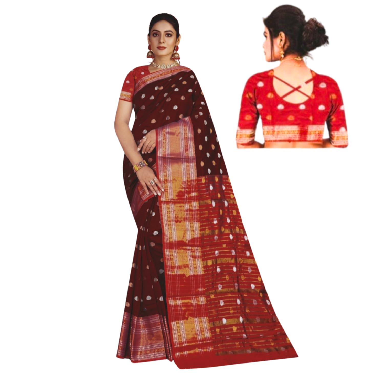 Zingme Women's Kota Doria Jacquard Saree with Polka Print and Blouse Piece - Elegant Lightweight Ethnic Wear for Special Occasions
