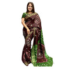 Zingme Art Silk Saree for Women - Self Design with Temple Border & Woven Bandhani Pattern