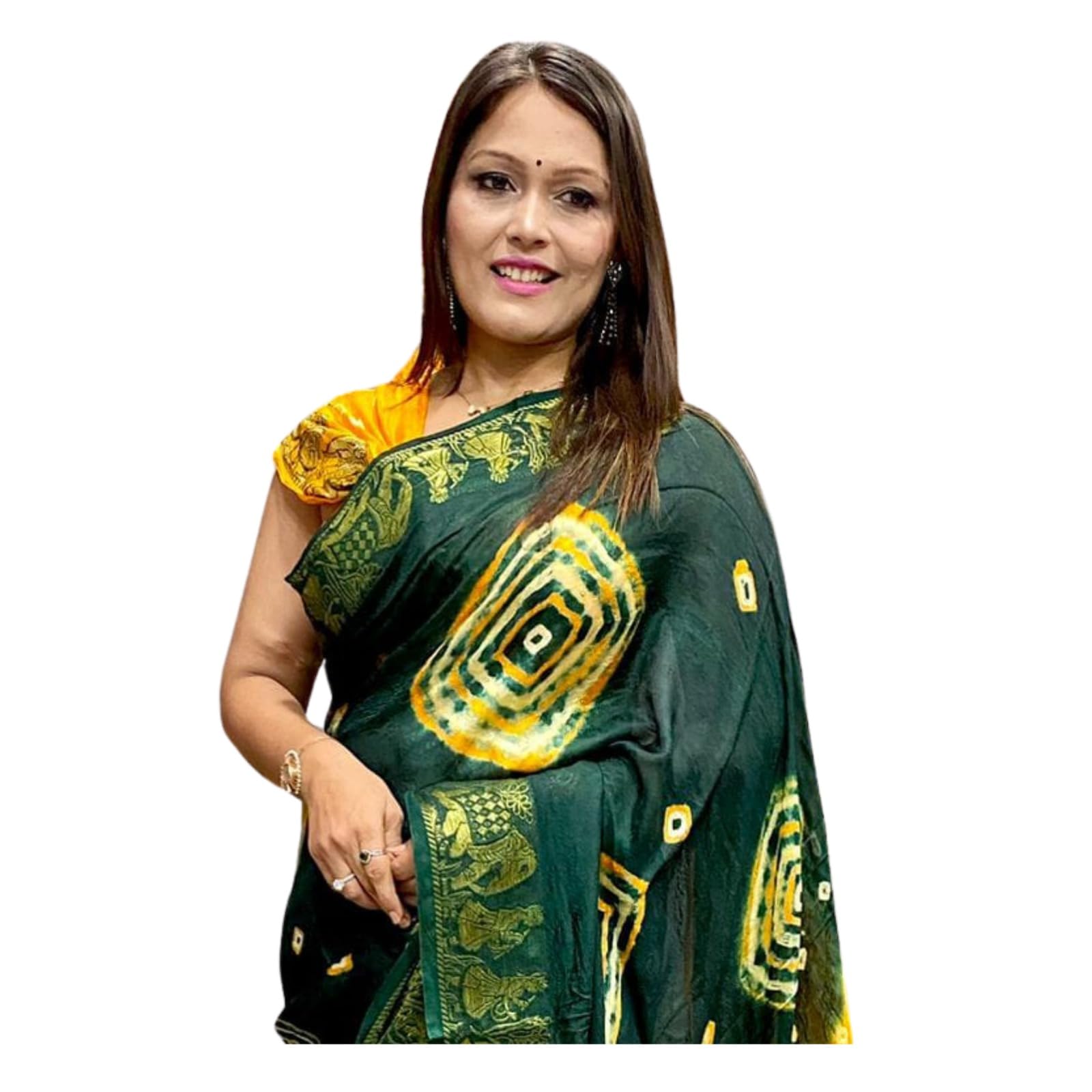 Zingme Art Silk Saree for Women - Self Design with Temple Border & Woven Bandhani Pattern