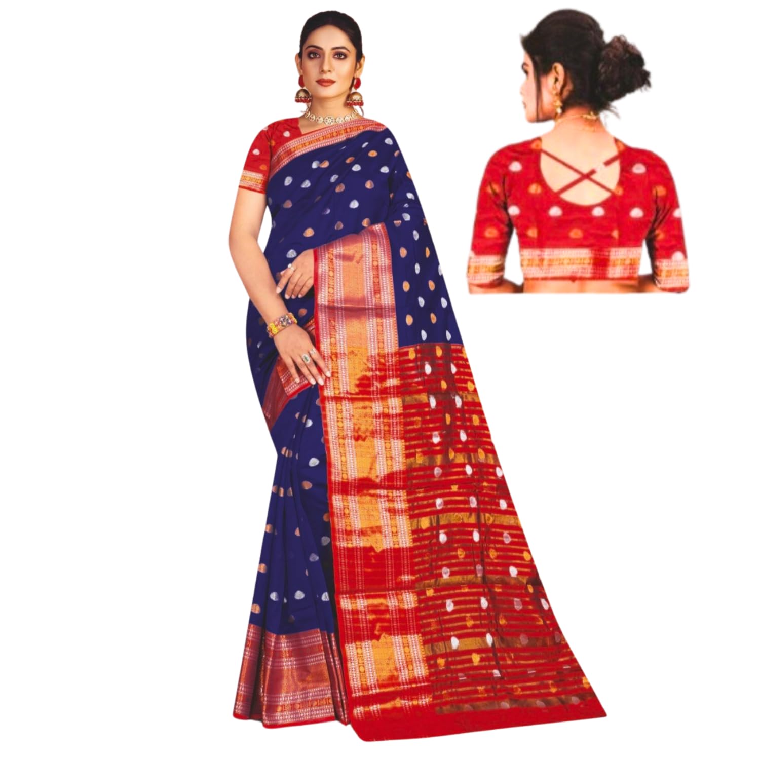 Zingme Women's Kota Doria Jacquard Saree with Polka Print and Blouse Piece - Elegant Lightweight Ethnic Wear for Special Occasions
