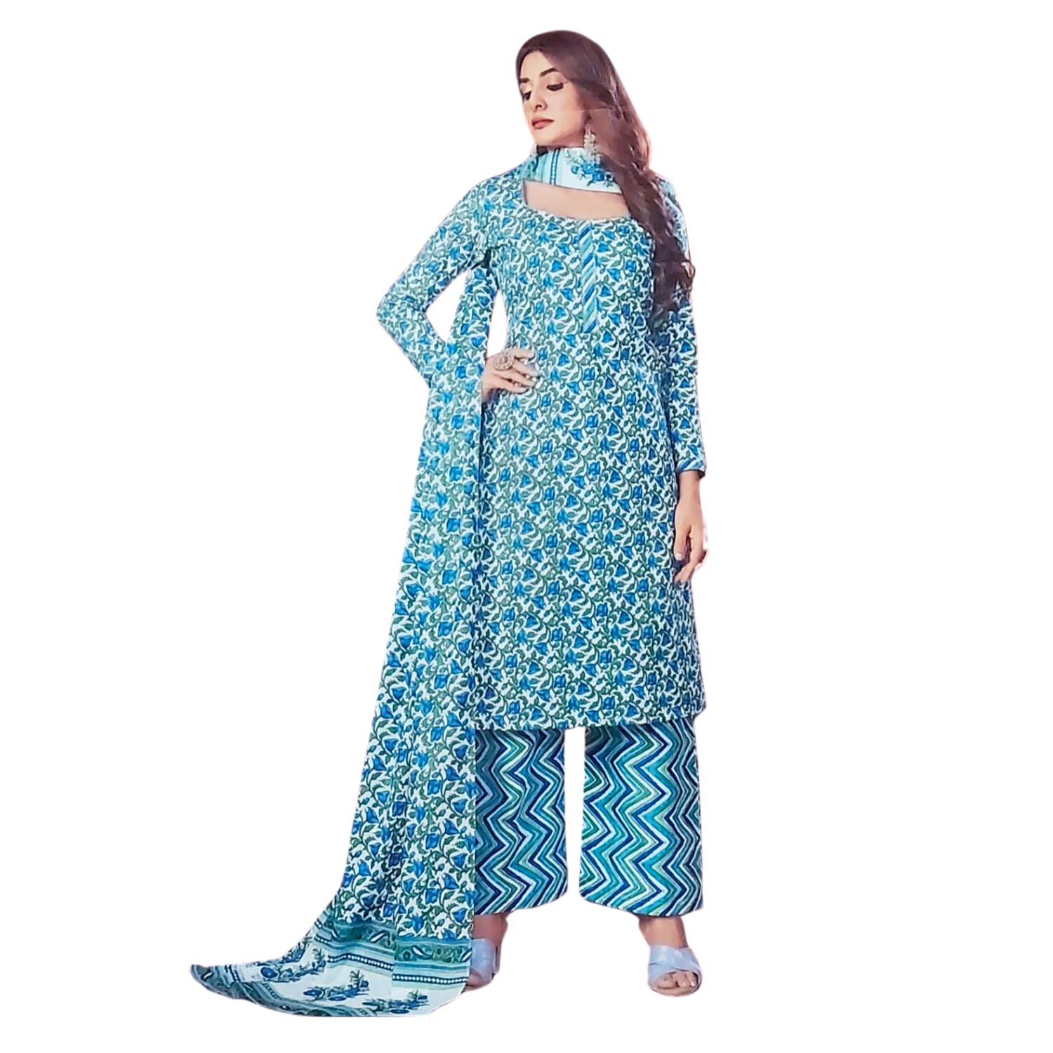 Zingme Women's Cotton Printed Unstitched Salwar Suit Dress Material with Printed Dupatta - Comfortable Ethnic Wear for Daily and Special Occasions