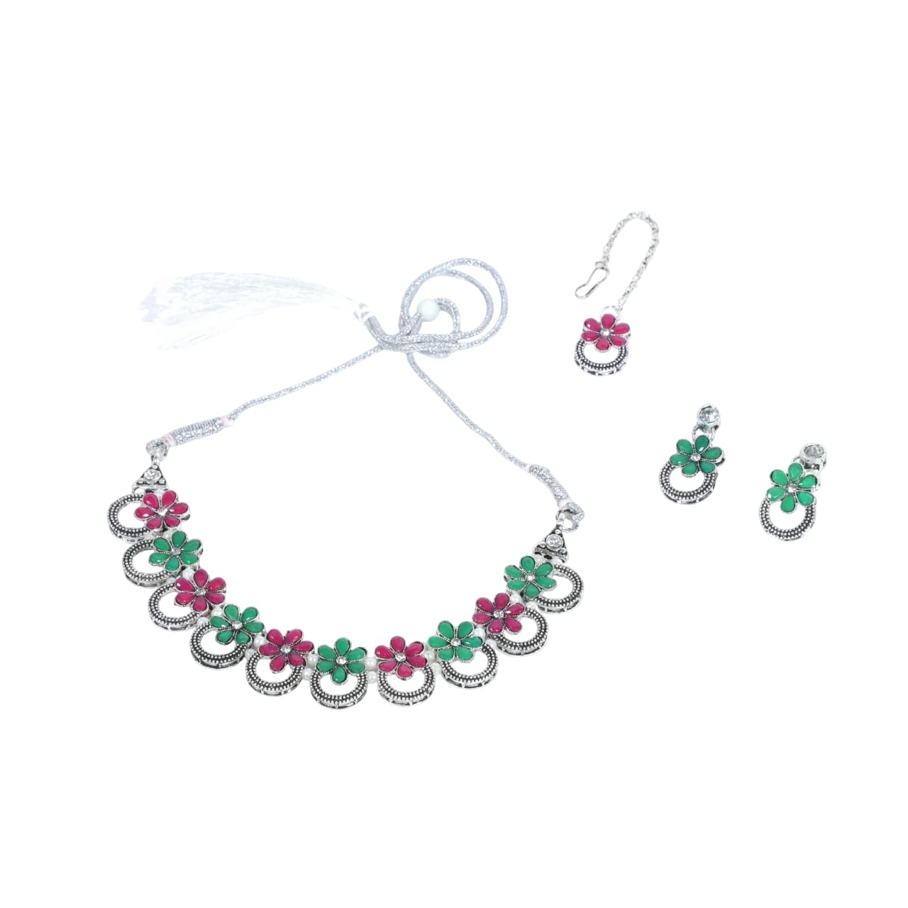 Zingme Latest Stylish Traditional Oxidised Silver Necklace Jewellery Set for Women