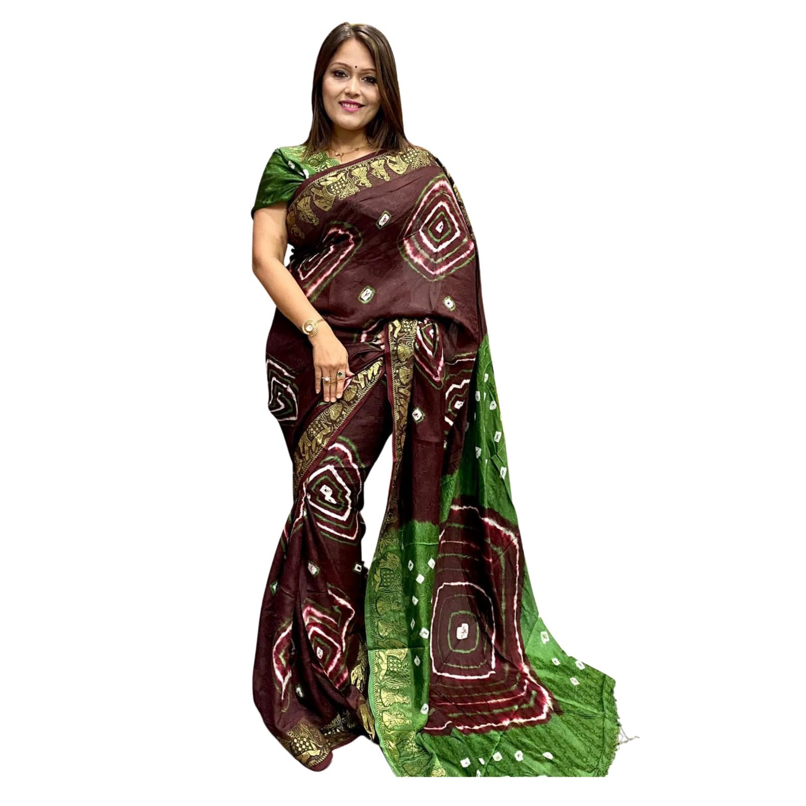 Zingme Art Silk Saree for Women - Self Design with Temple Border & Woven Bandhani Pattern