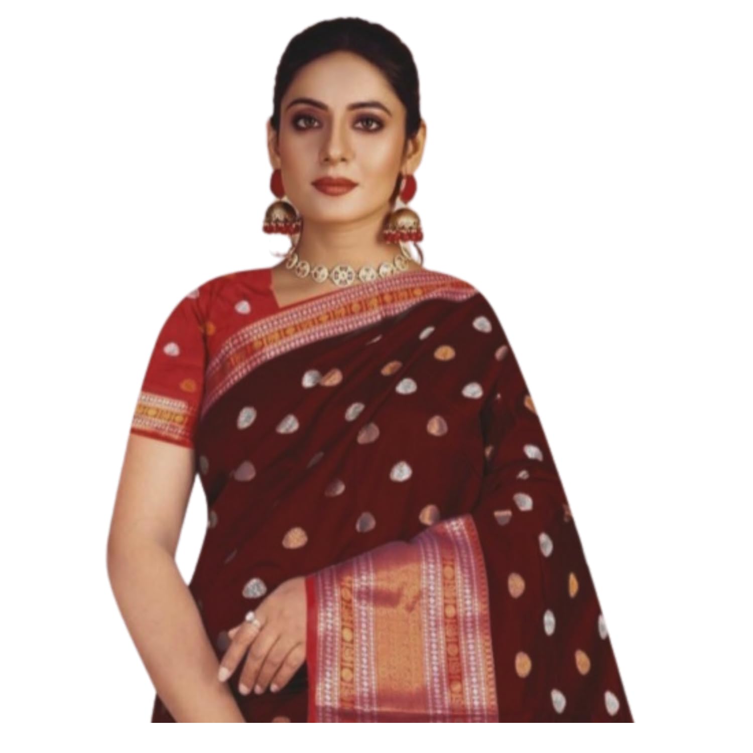 Zingme Women's Kota Doria Jacquard Saree with Polka Print and Blouse Piece - Elegant Lightweight Ethnic Wear for Special Occasions