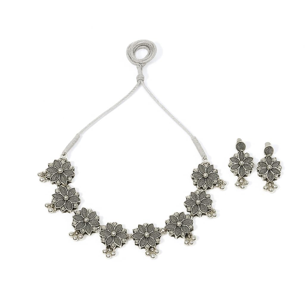 Zingme Latest Stylish Traditional Oxidised Silver Necklace Jewellery Set for Women