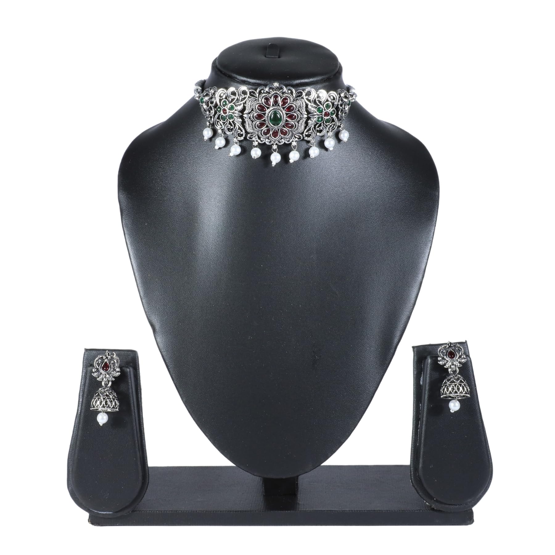 Zingme Latest Tribal Silver Oxidised Stone Choker Necklace Jewellery Set Women for Girls