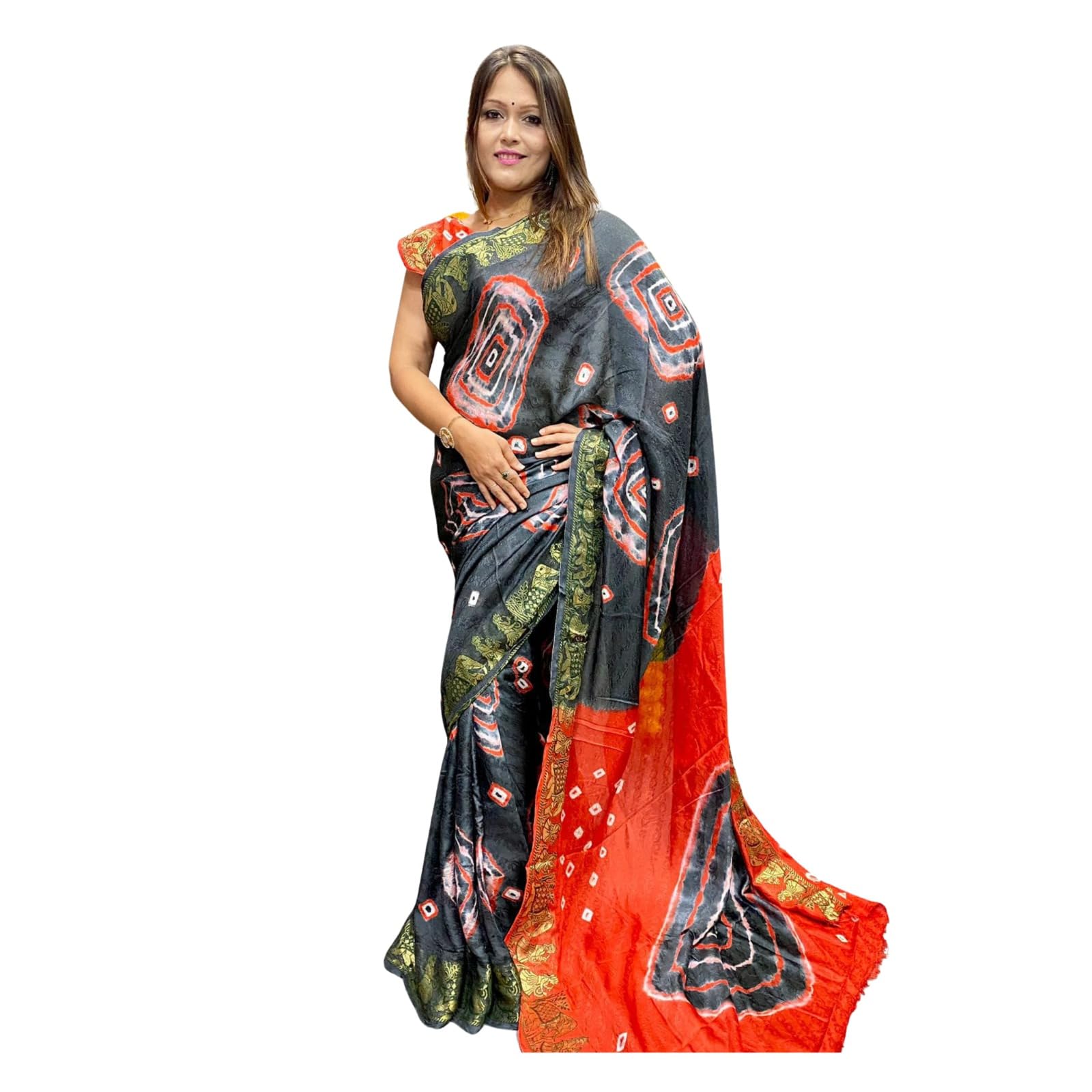 Zingme Art Silk Saree for Women - Self Design with Temple Border & Woven Bandhani Pattern