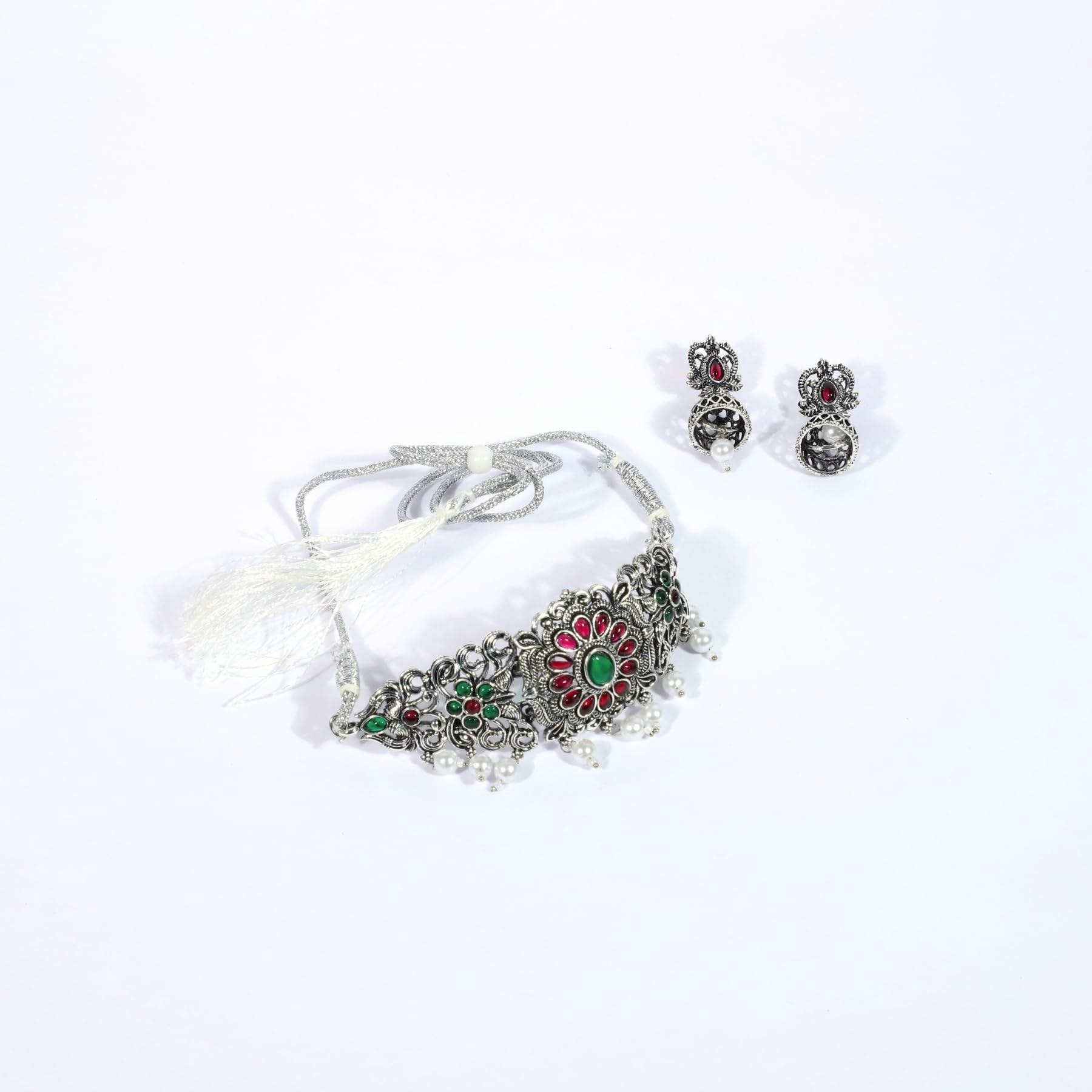 Zingme Latest Tribal Silver Oxidised Stone Choker Necklace Jewellery Set Women for Girls
