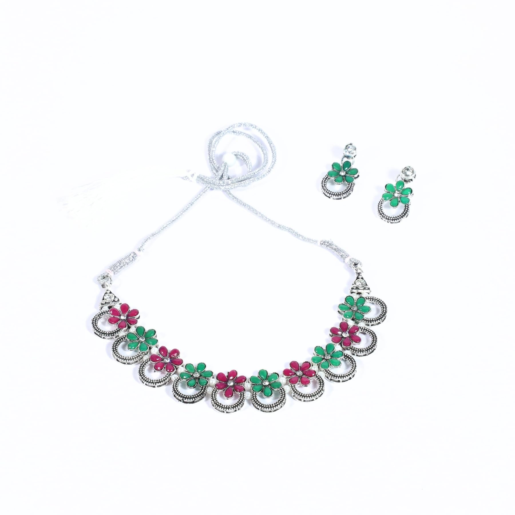 Zingme Latest Stylish Traditional Oxidised Silver Necklace Jewellery Set for Women