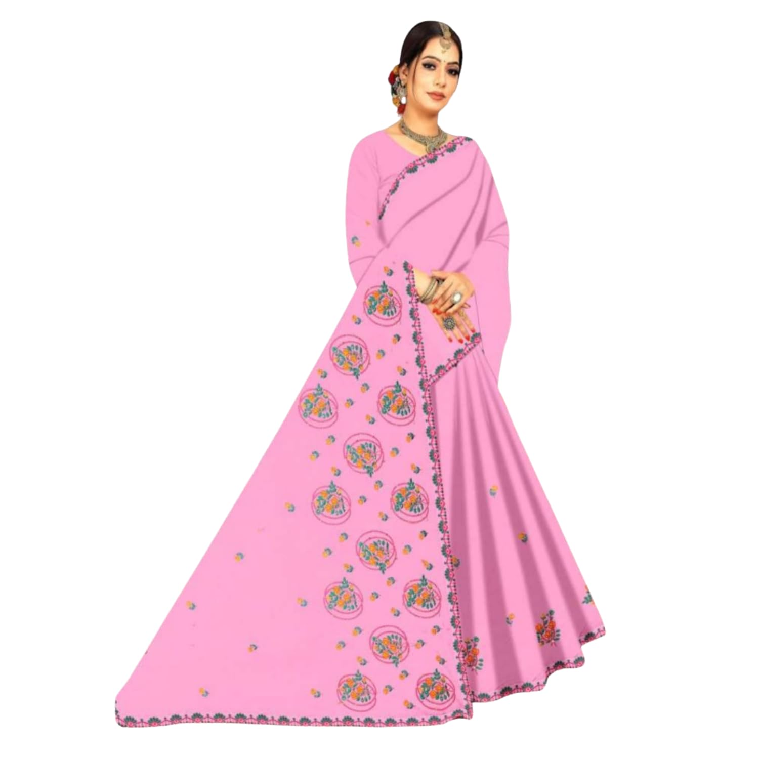 Zingme Women's Embroidered Self-Design Bollywood Cotton Blend Saree with Blouse Piece - Stylish Ethnic Wear for Special Occasions