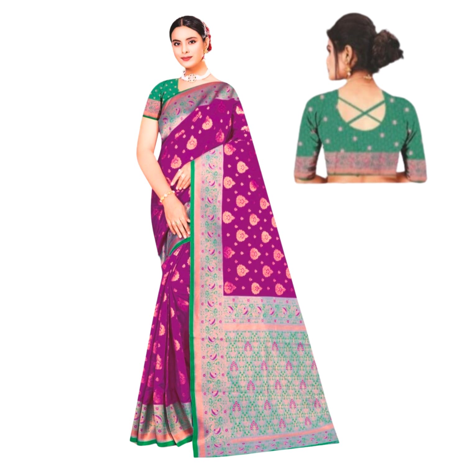 Zingme Women's Kota Doria Jacquard Saree with Polka Dots and Blouse Piece - Lightweight Ethnic Attire for Special Events
