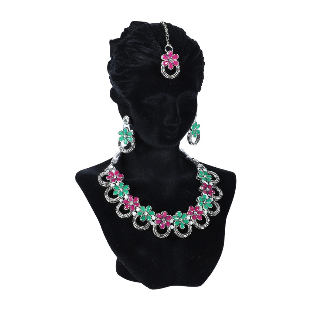Zingme Latest Stylish Traditional Oxidised Silver Necklace Jewellery Set for Women