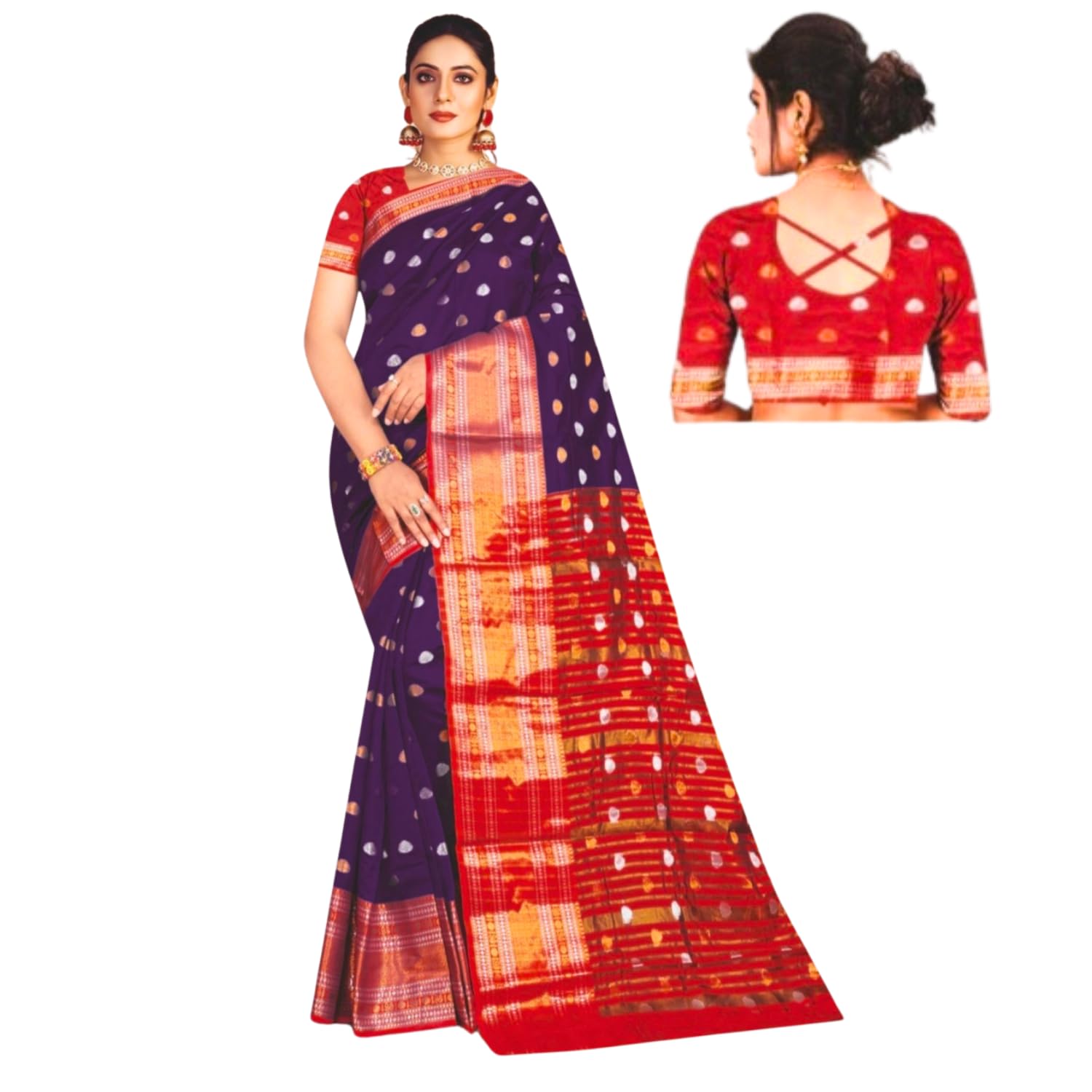 Zingme Women's Kota Doria Jacquard Saree with Polka Print and Blouse Piece - Elegant Lightweight Ethnic Wear for Special Occasions