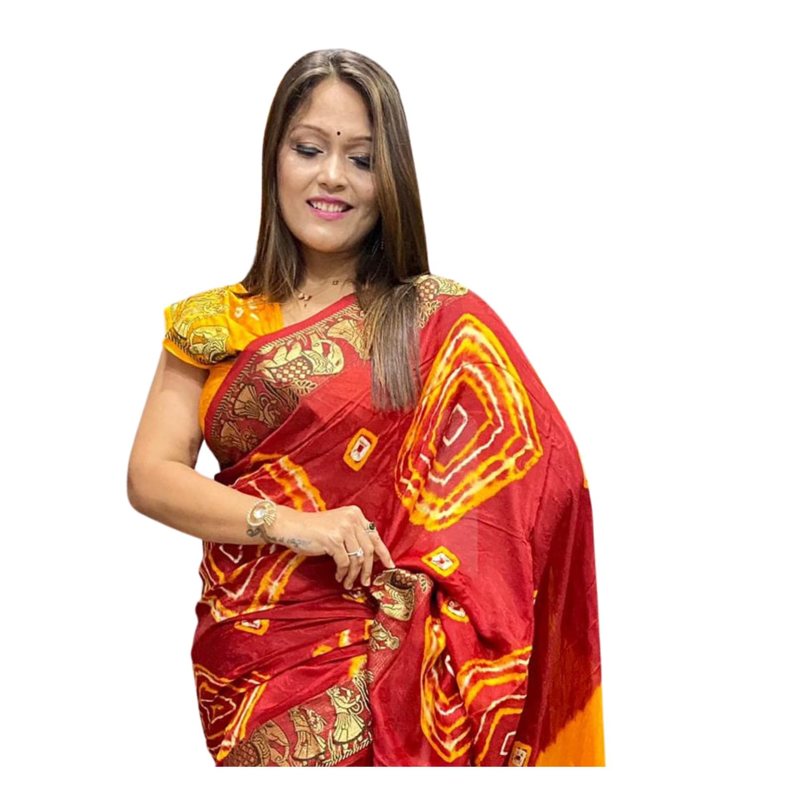 Zingme Art Silk Saree for Women - Self Design with Temple Border & Woven Bandhani Pattern