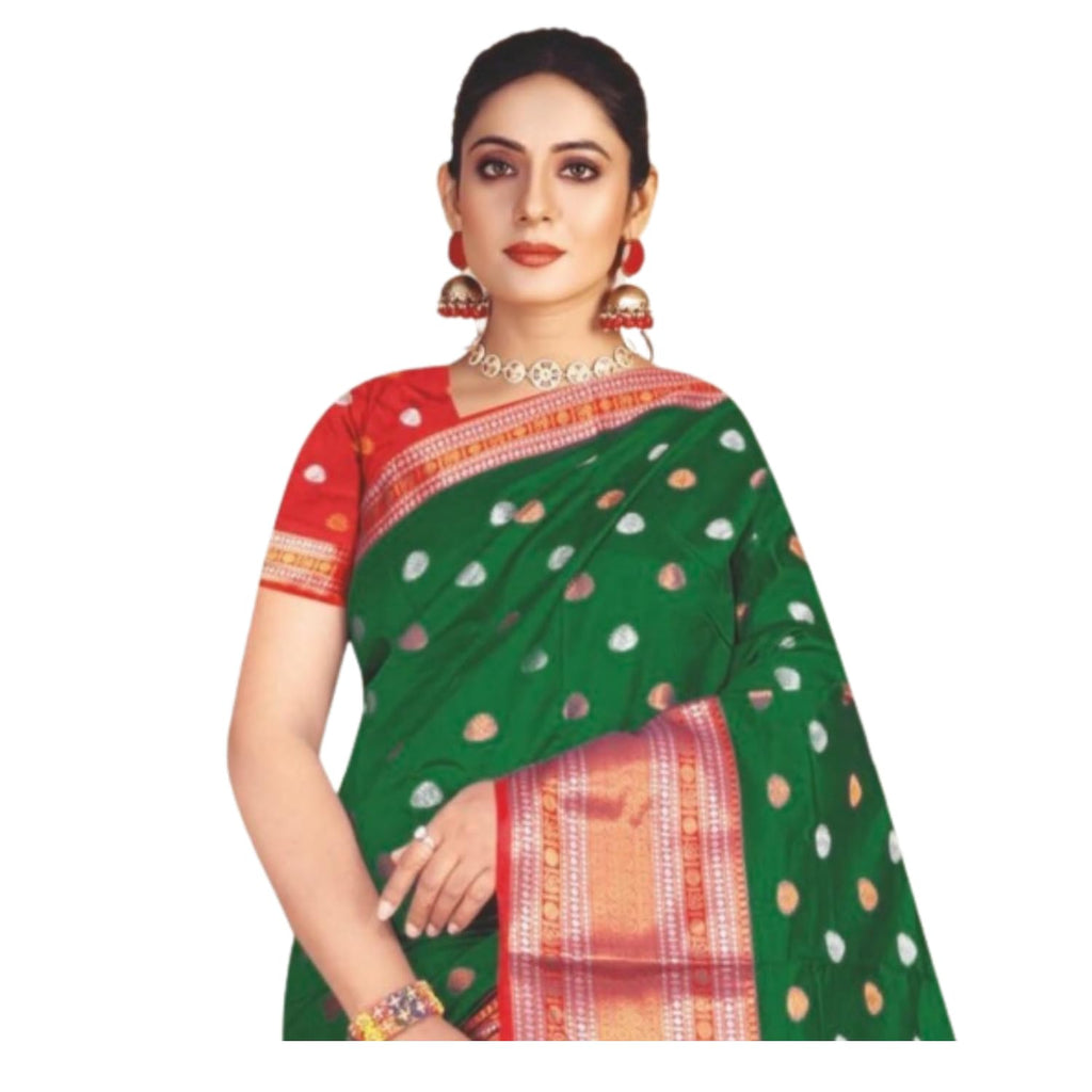 Zingme Women's Kota Doria Jacquard Saree with Polka Print and Blouse Piece - Elegant Lightweight Ethnic Wear for Special Occasions