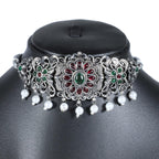Zingme Latest Tribal Silver Oxidised Stone Choker Necklace Jewellery Set Women for Girls