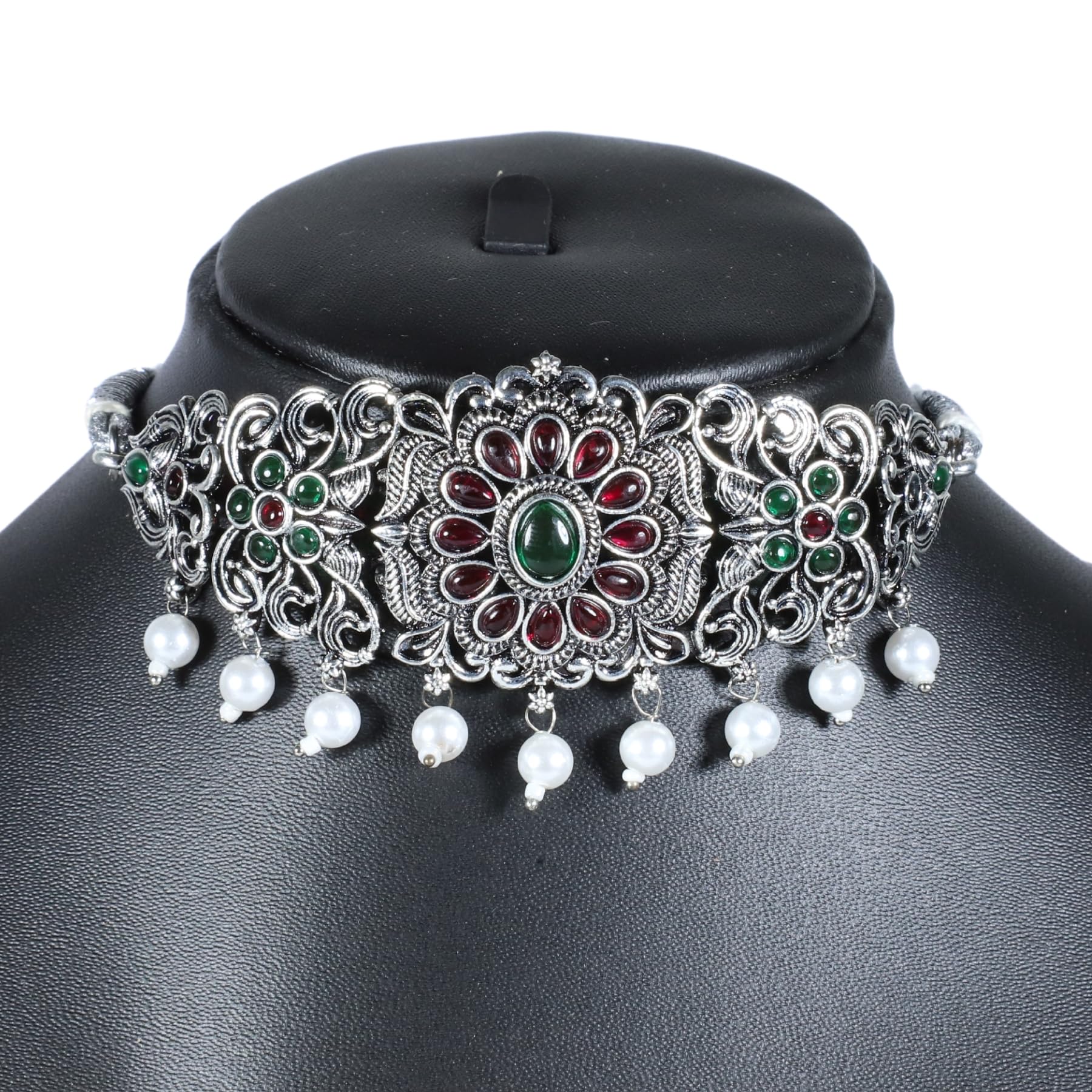 Zingme Latest Tribal Silver Oxidised Stone Choker Necklace Jewellery Set Women for Girls