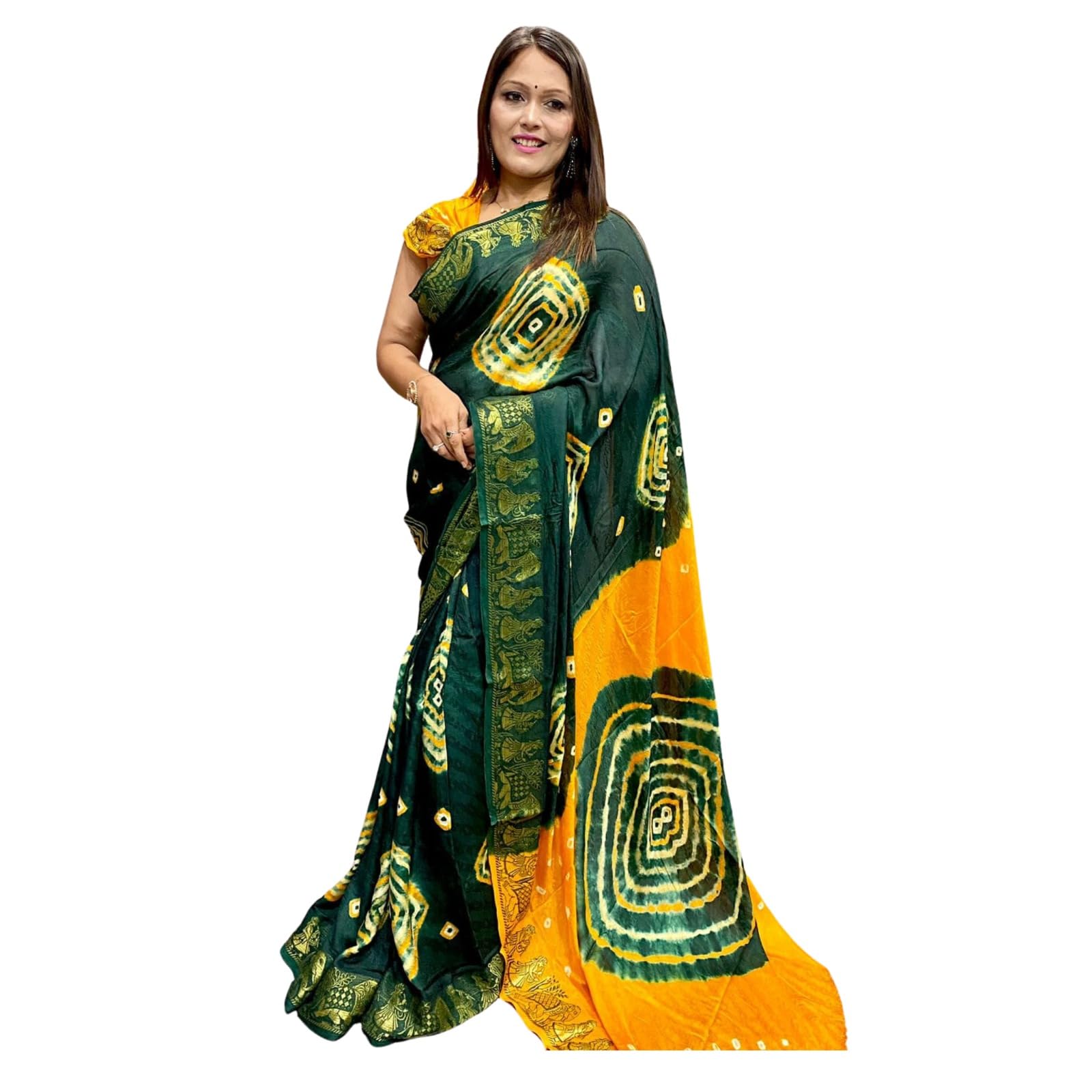 Zingme Art Silk Saree for Women - Self Design with Temple Border & Woven Bandhani Pattern