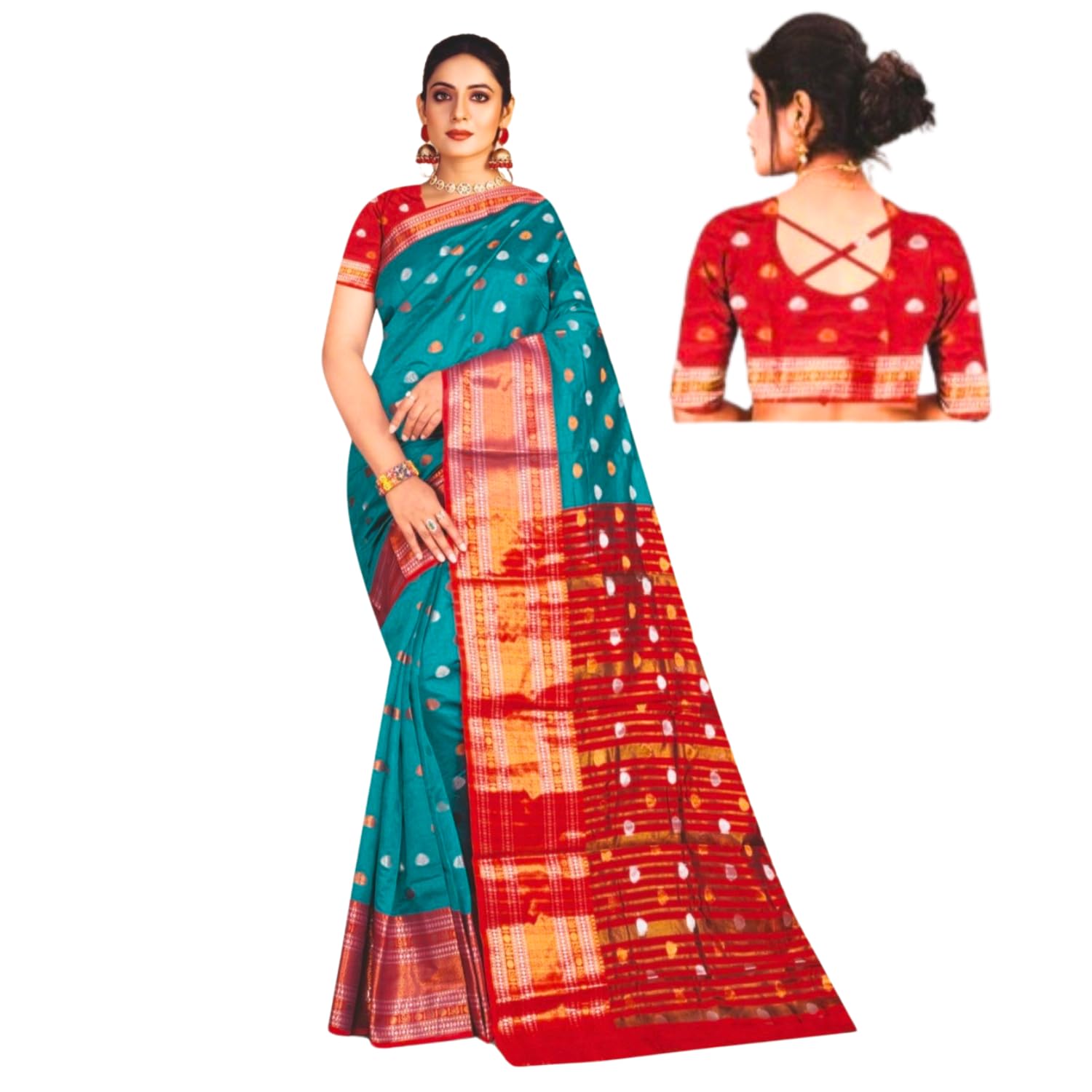 Zingme Women's Kota Doria Jacquard Saree with Polka Print and Blouse Piece - Elegant Lightweight Ethnic Wear for Special Occasions