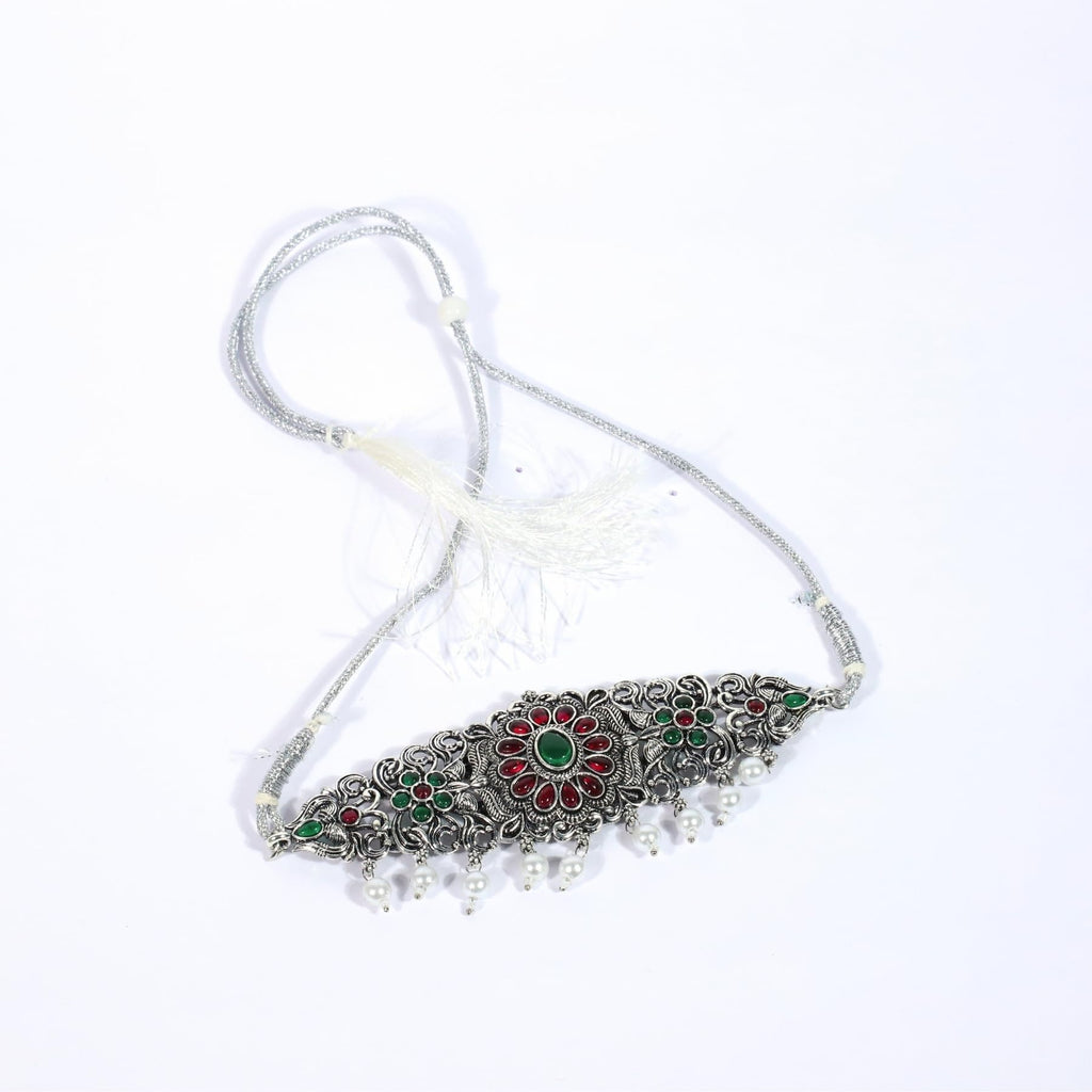 Zingme Latest Tribal Silver Oxidised Stone Choker Necklace Jewellery Set Women for Girls