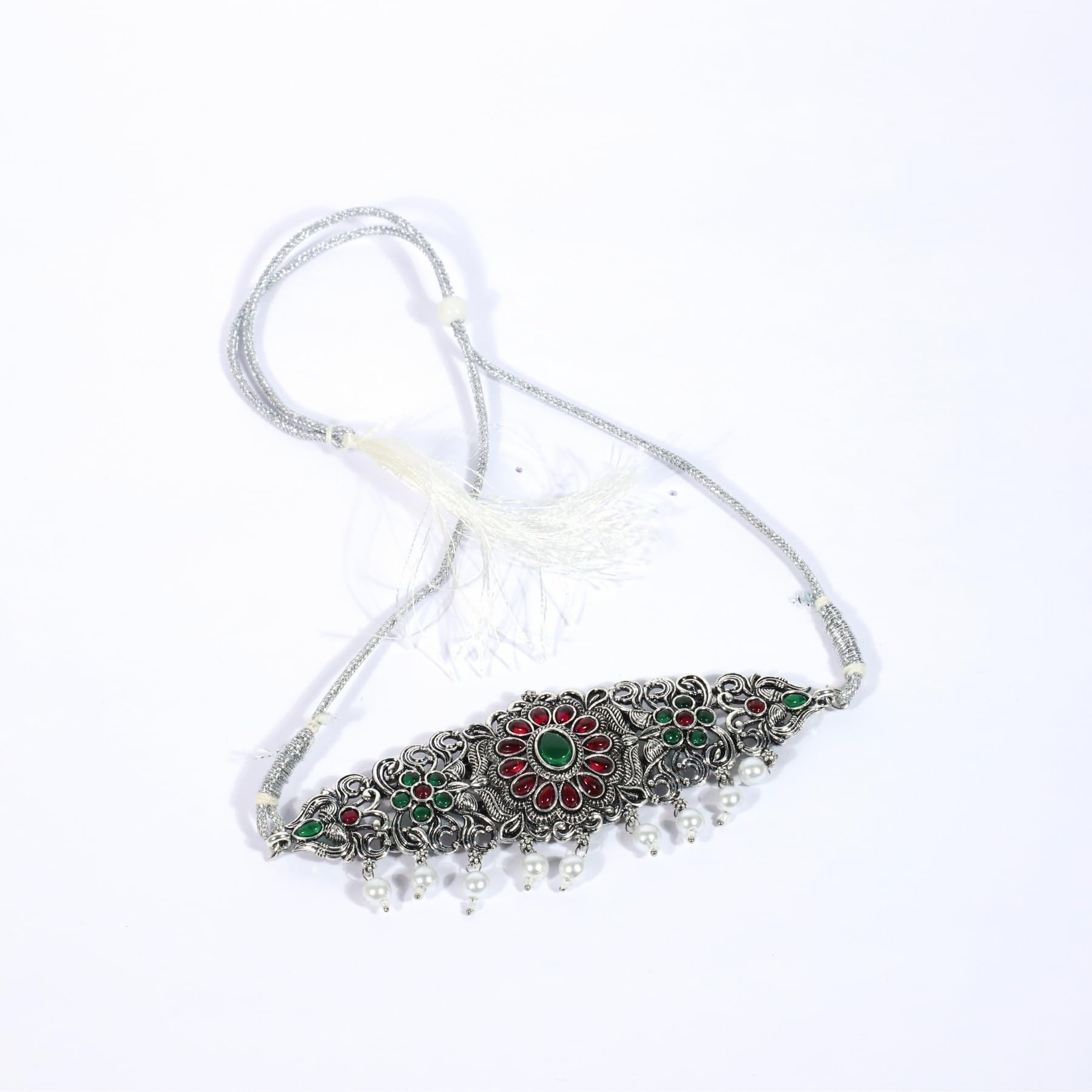 Zingme Latest Tribal Silver Oxidised Stone Choker Necklace Jewellery Set Women for Girls