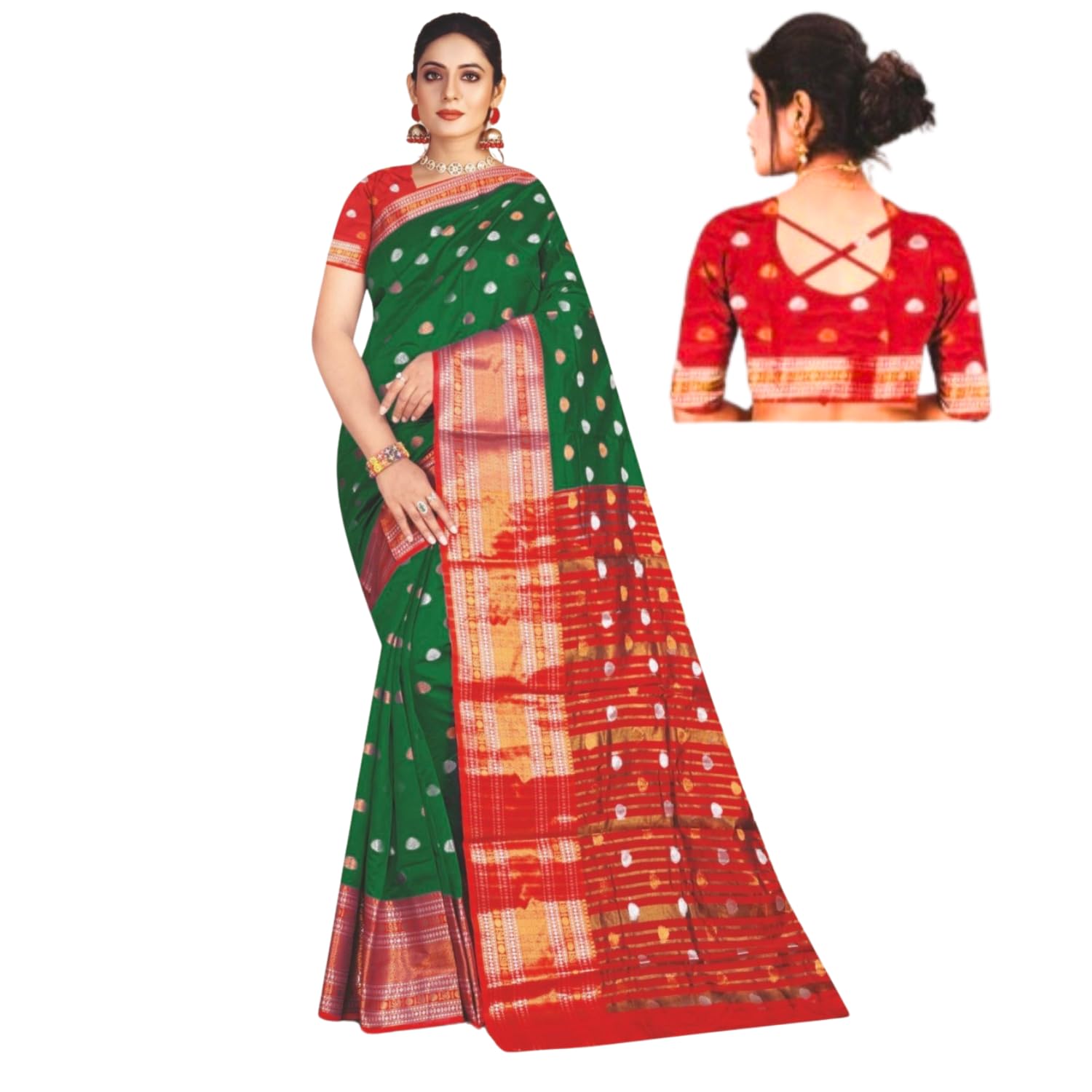 Zingme Women's Kota Doria Jacquard Saree with Polka Print and Blouse Piece - Elegant Lightweight Ethnic Wear for Special Occasions