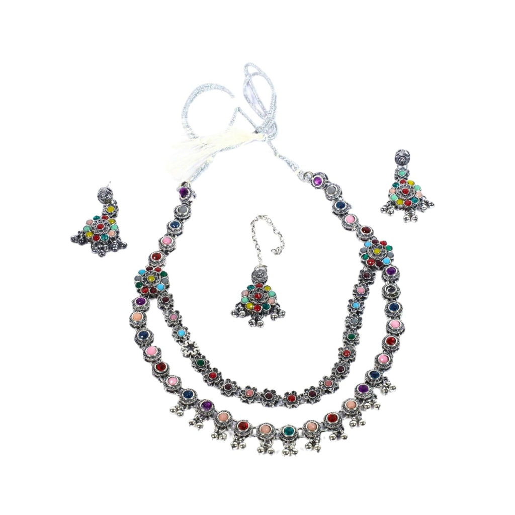 Zingme Latest Stylish Traditional Oxidised Silver Necklace Jewellery Set for Women