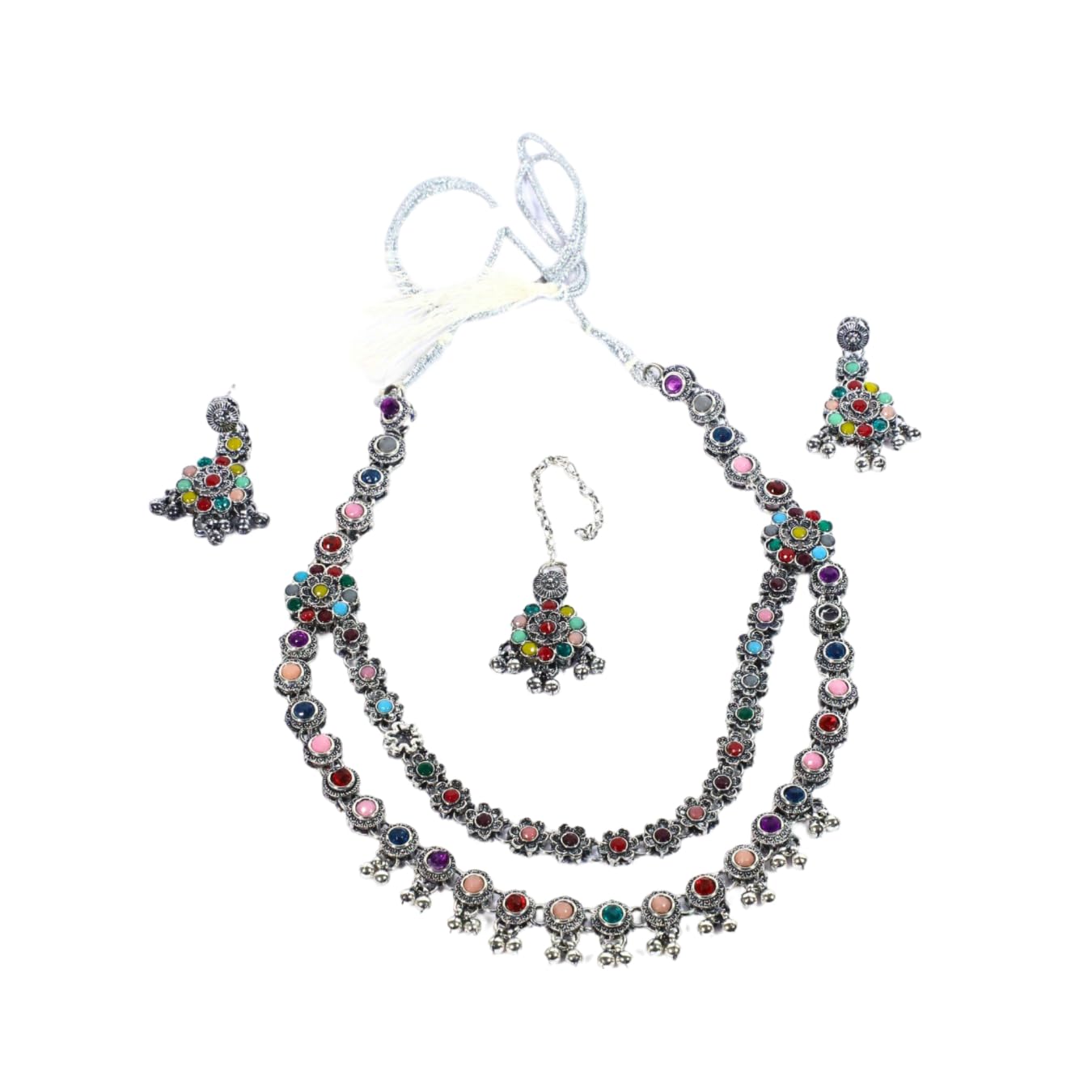 Zingme Latest Stylish Traditional Oxidised Silver Necklace Jewellery Set for Women
