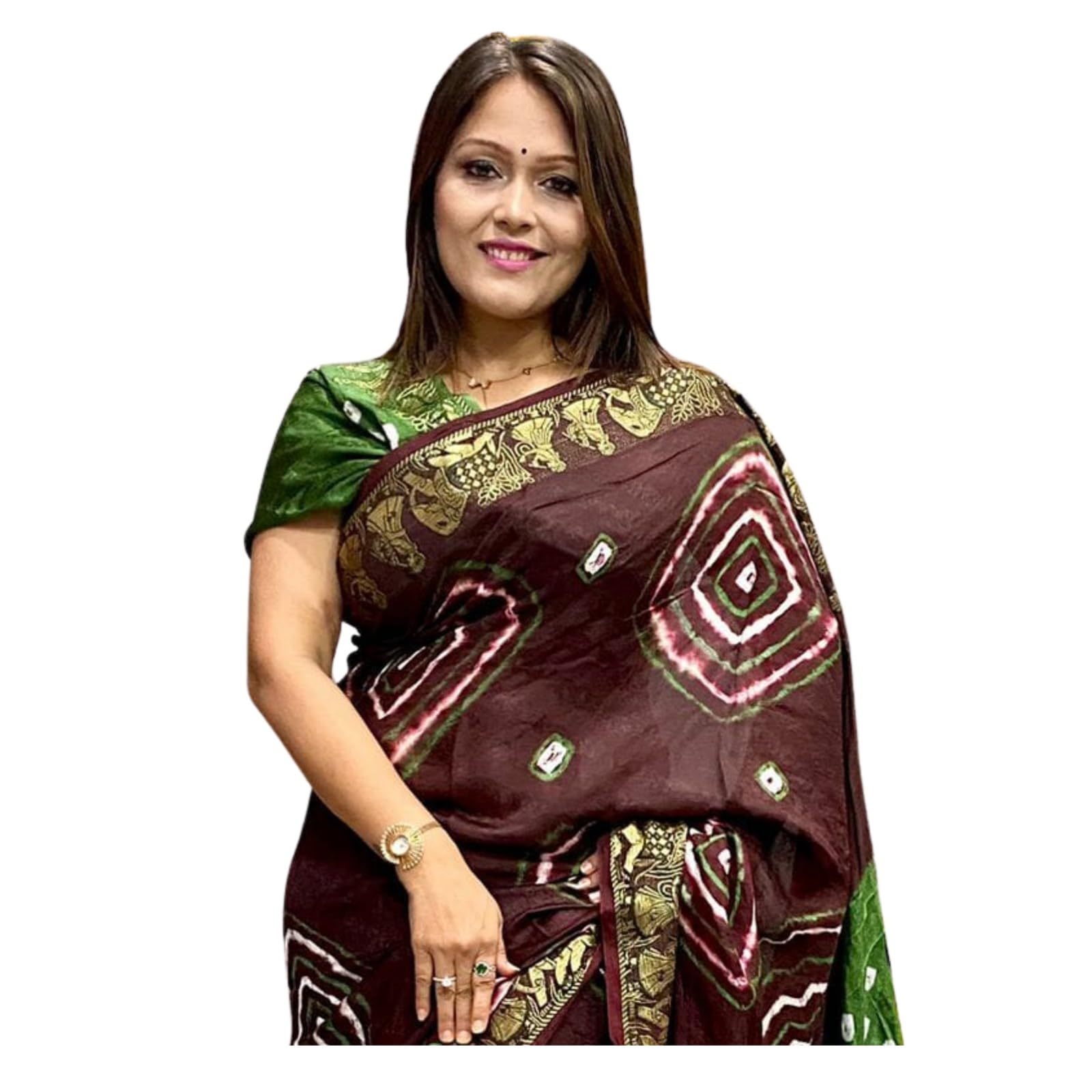 Zingme Art Silk Saree for Women - Self Design with Temple Border & Woven Bandhani Pattern