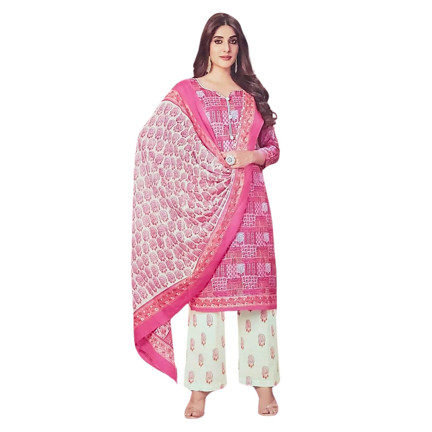 Zingme Women's Cotton Printed Unstitched Salwar Suit Dress Material with Printed Dupatta - Comfortable Ethnic Wear for Daily and Special Occasions