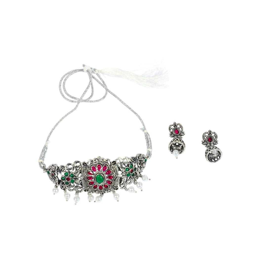 Zingme Latest Tribal Silver Oxidised Stone Choker Necklace Jewellery Set Women for Girls