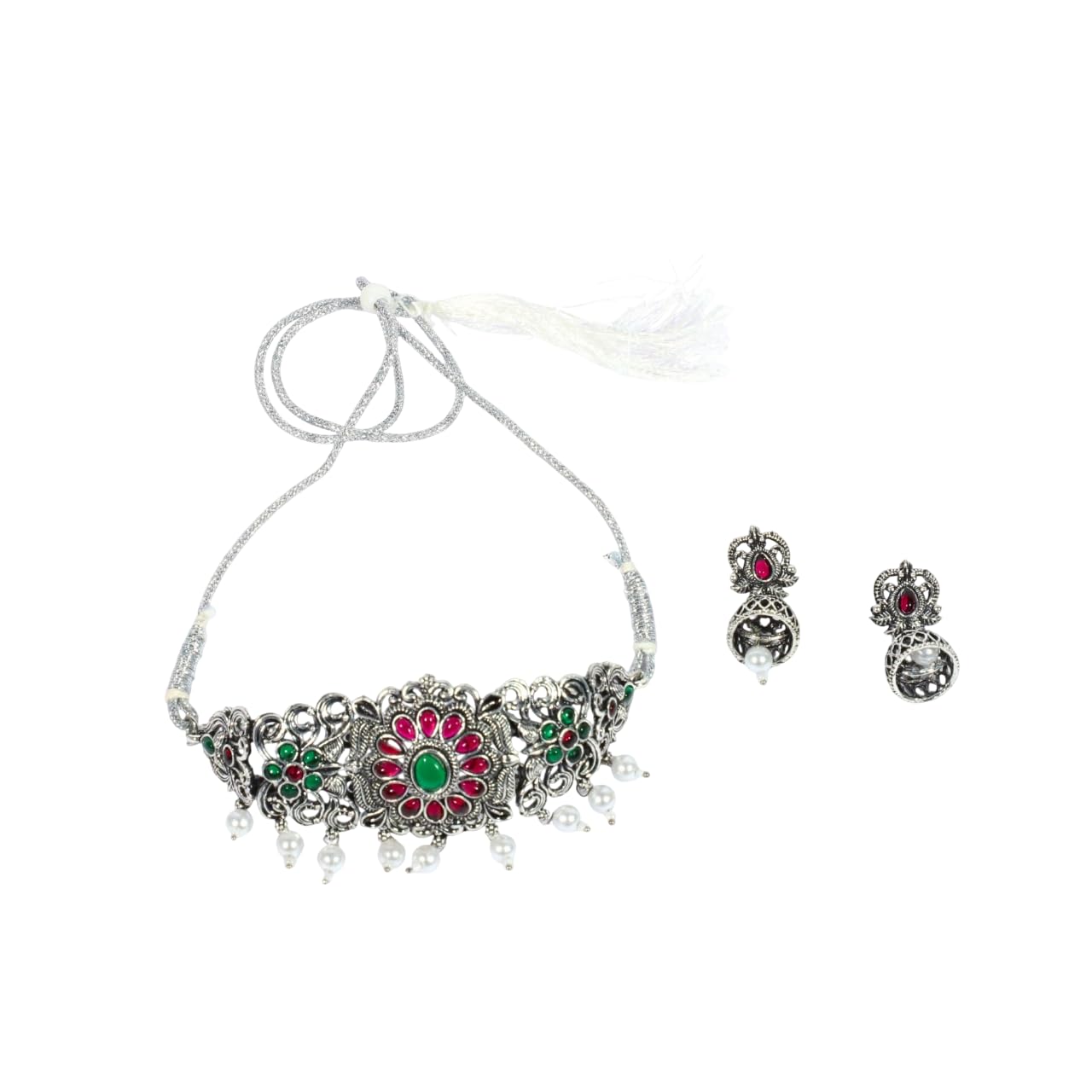 Zingme Latest Tribal Silver Oxidised Stone Choker Necklace Jewellery Set Women for Girls