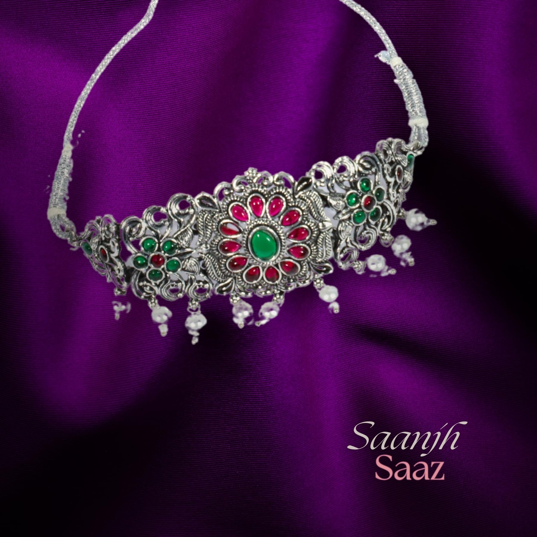 Zingme Latest Tribal Silver Oxidised Stone Choker Necklace Jewellery Set Women for Girls