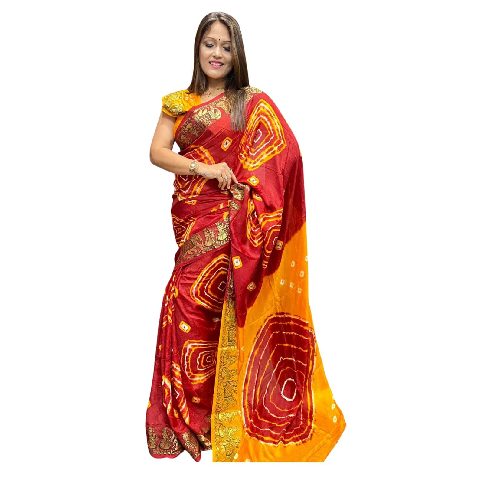 Zingme Art Silk Saree for Women - Self Design with Temple Border & Woven Bandhani Pattern