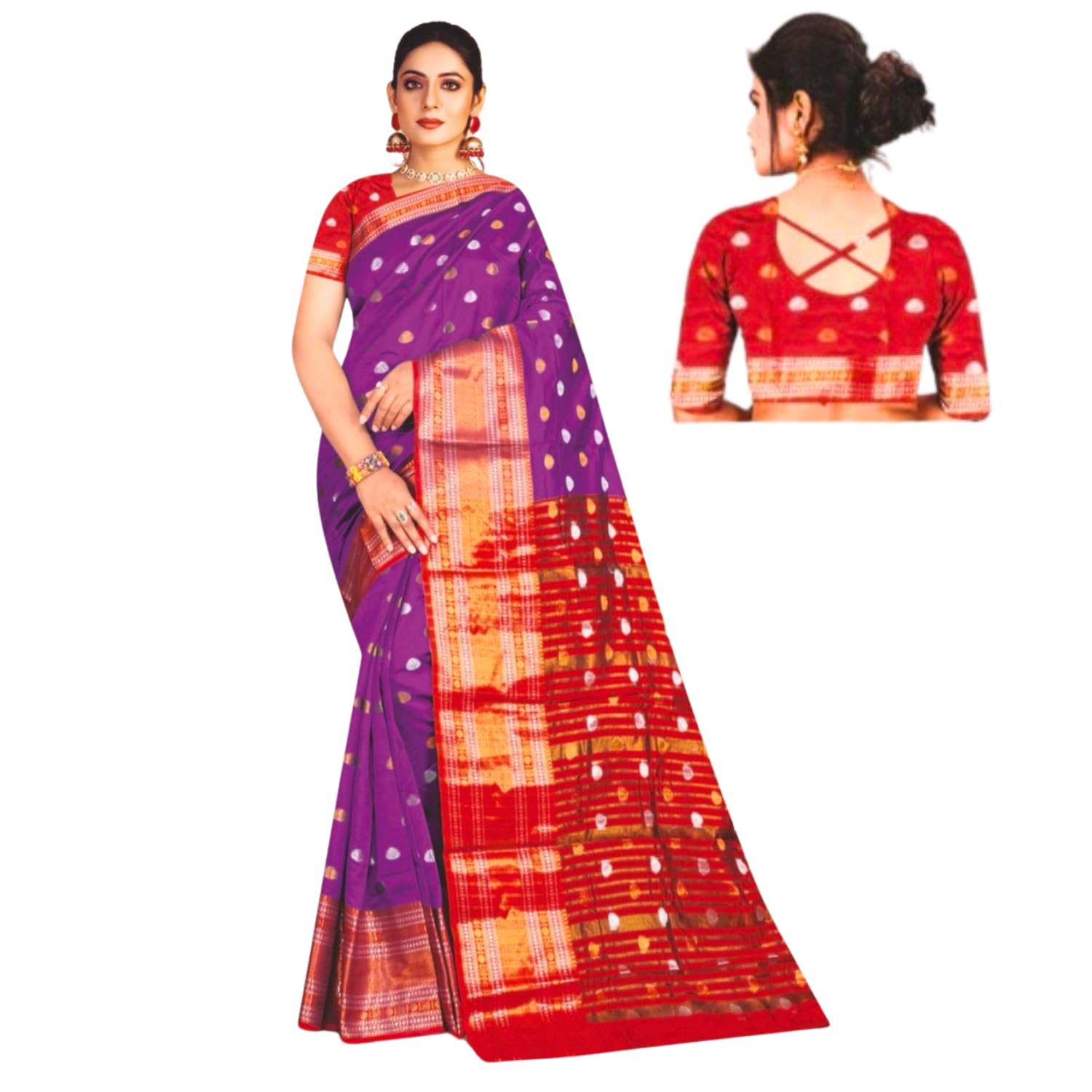 Zingme Women's Kota Doria Jacquard Saree with Polka Print and Blouse Piece - Elegant Lightweight Ethnic Wear for Special Occasions